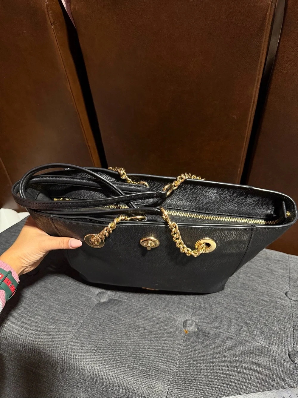 Coach Black Leather Tote with Gold Chain Details